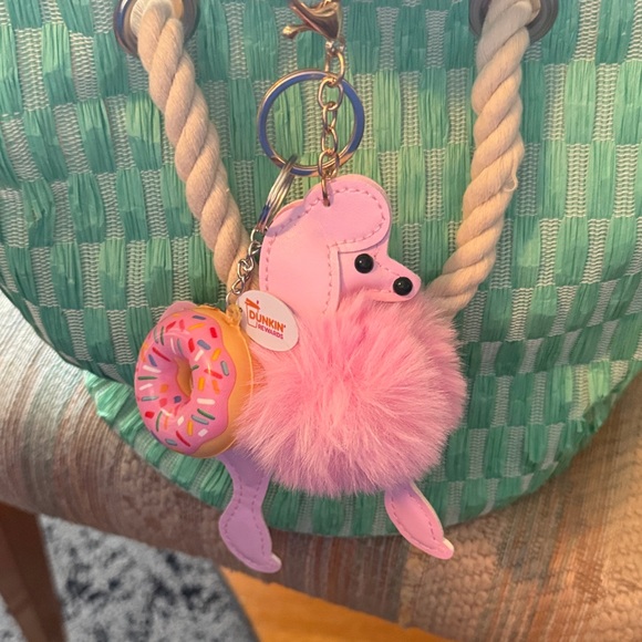 Pink vinyl Poodle with Dunkin’ Donuts purse charms. Fluffy pink pompom adorable. - Picture 2 of 2